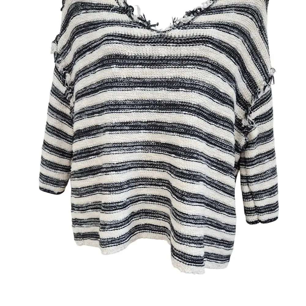 Free People Spells Trouble Stripe Pullover Sweater 3/4 Sleeve Ivory Black Small